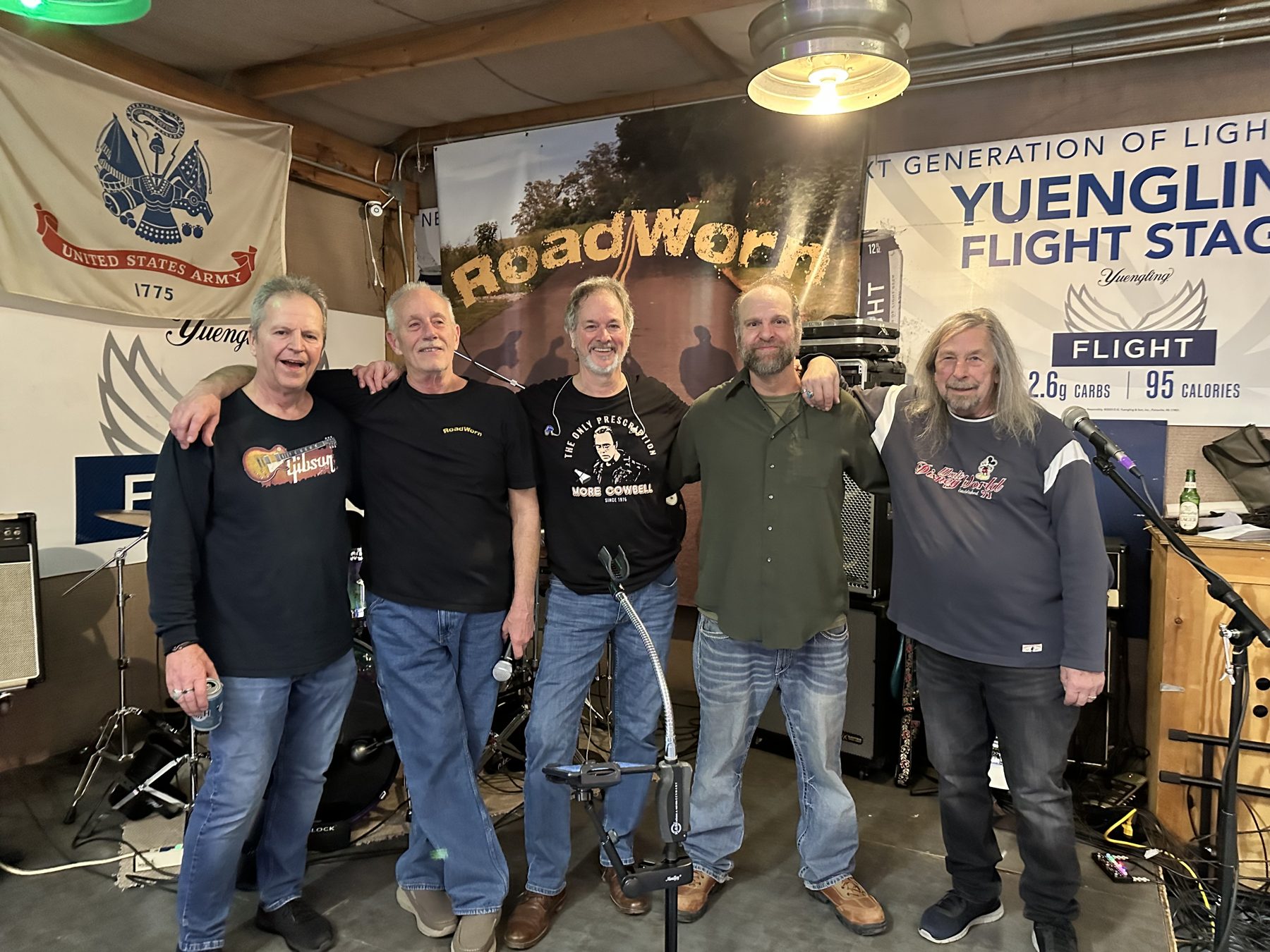 RoadWorn, all five, in front of the banner